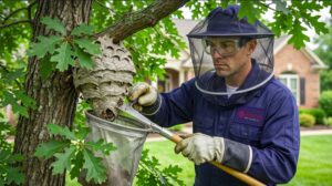 Professional wasp technician carefully removes a hornet nest from a tree, using proper tools while wearing full protective gear to ensure safe and precise outdoor nest control.