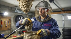 Professional wasp technician carefully removes a hornet nest inside a residential or commercial garage, using proper tools while wearing full protective gear for safe and precise nest removal.